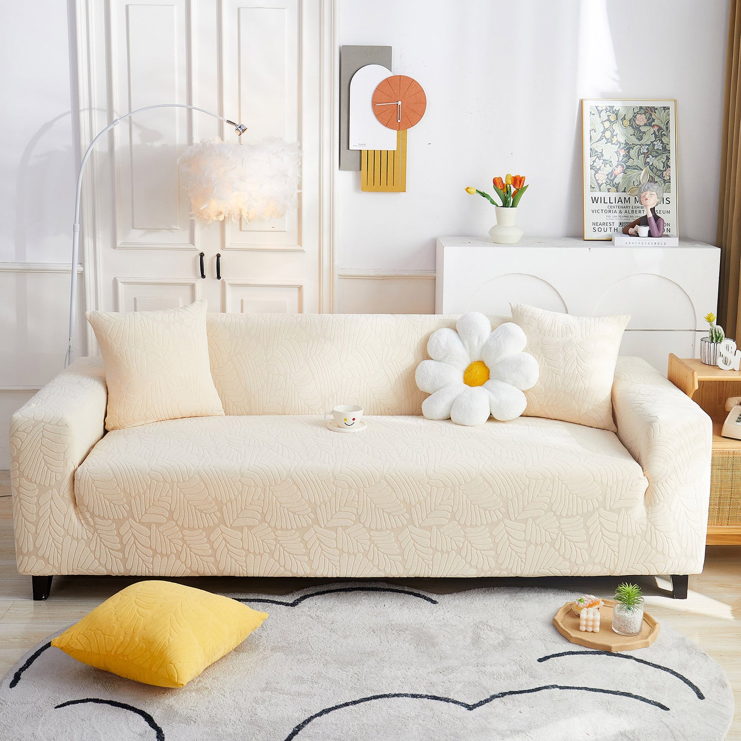 3D Leaf Jacquard Stretch Sofa Cover Non Slip Pet Friendly Slipcover 1-5 Seaters
