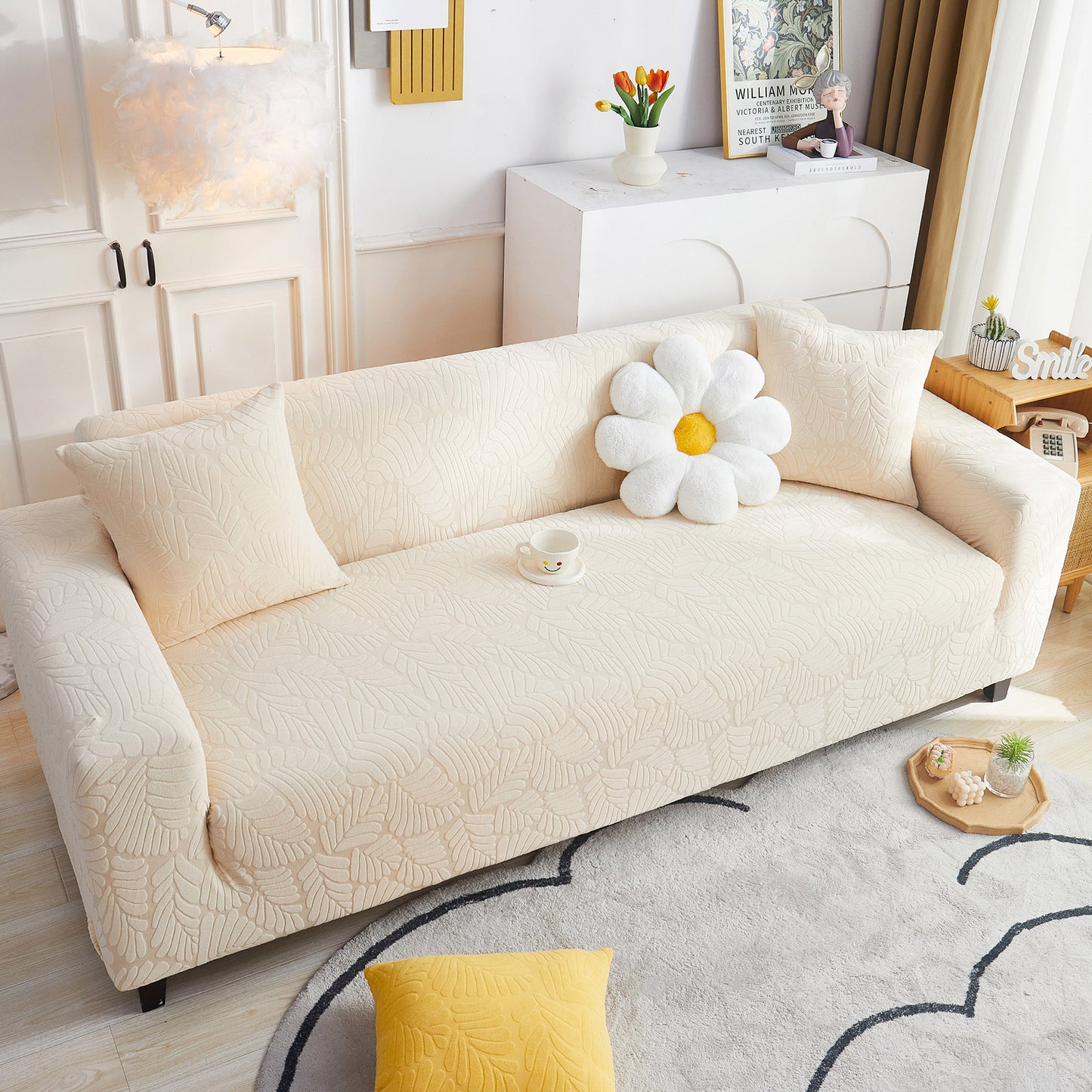 3D Leaf Jacquard Stretch Sofa Cover Non Slip Pet Friendly Slipcover 1-5 Seaters