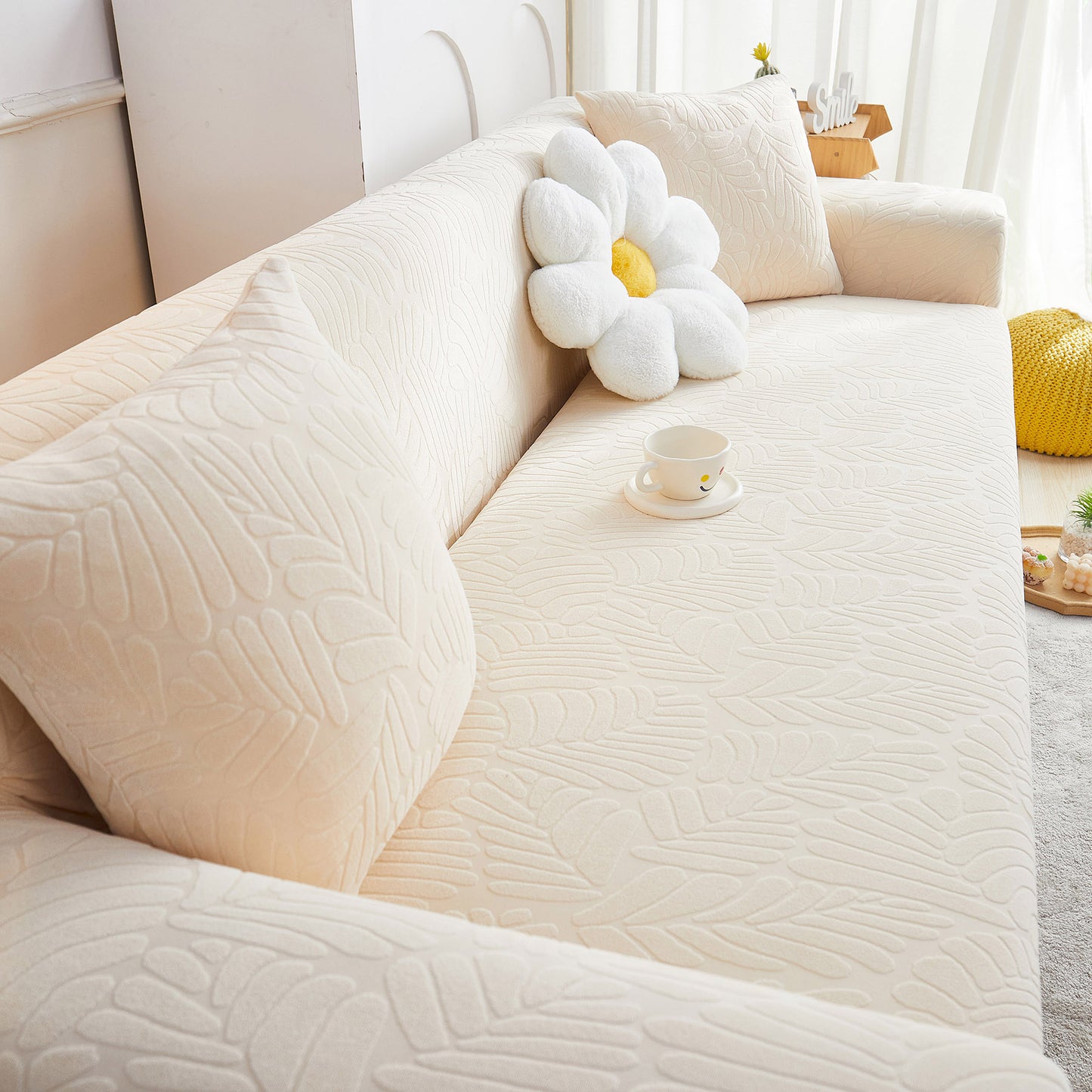 3D Leaf Jacquard Stretch Sofa Cover Non Slip Pet Friendly Slipcover 1-5 Seaters