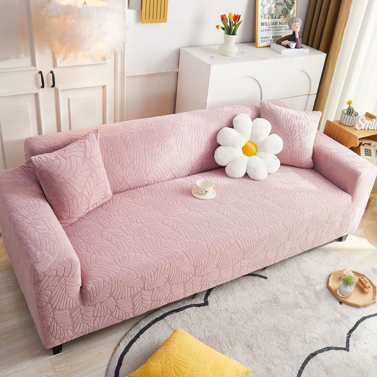 3D Leaf Jacquard Stretch Sofa Cover Non Slip Pet Friendly Slipcover 1-5 Seaters