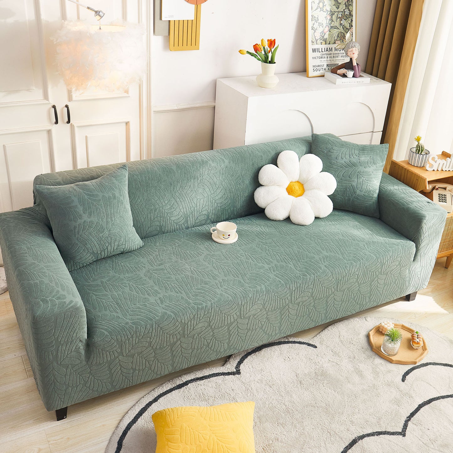 3D Leaf Jacquard Stretch Sofa Cover Non Slip Pet Friendly Slipcover 1-5 Seaters