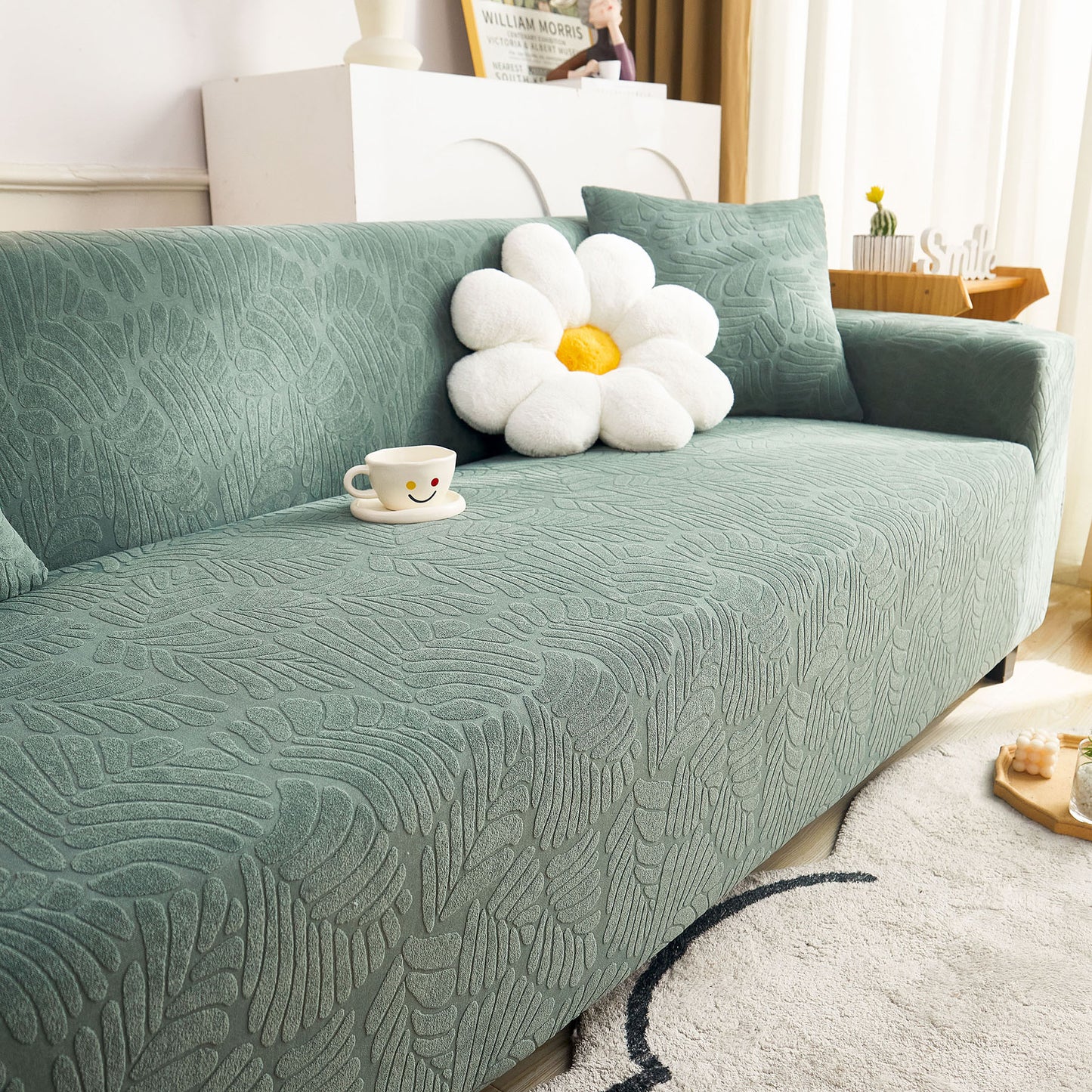 3D Leaf Jacquard Stretch Sofa Cover Non Slip Pet Friendly Slipcover 1-5 Seaters