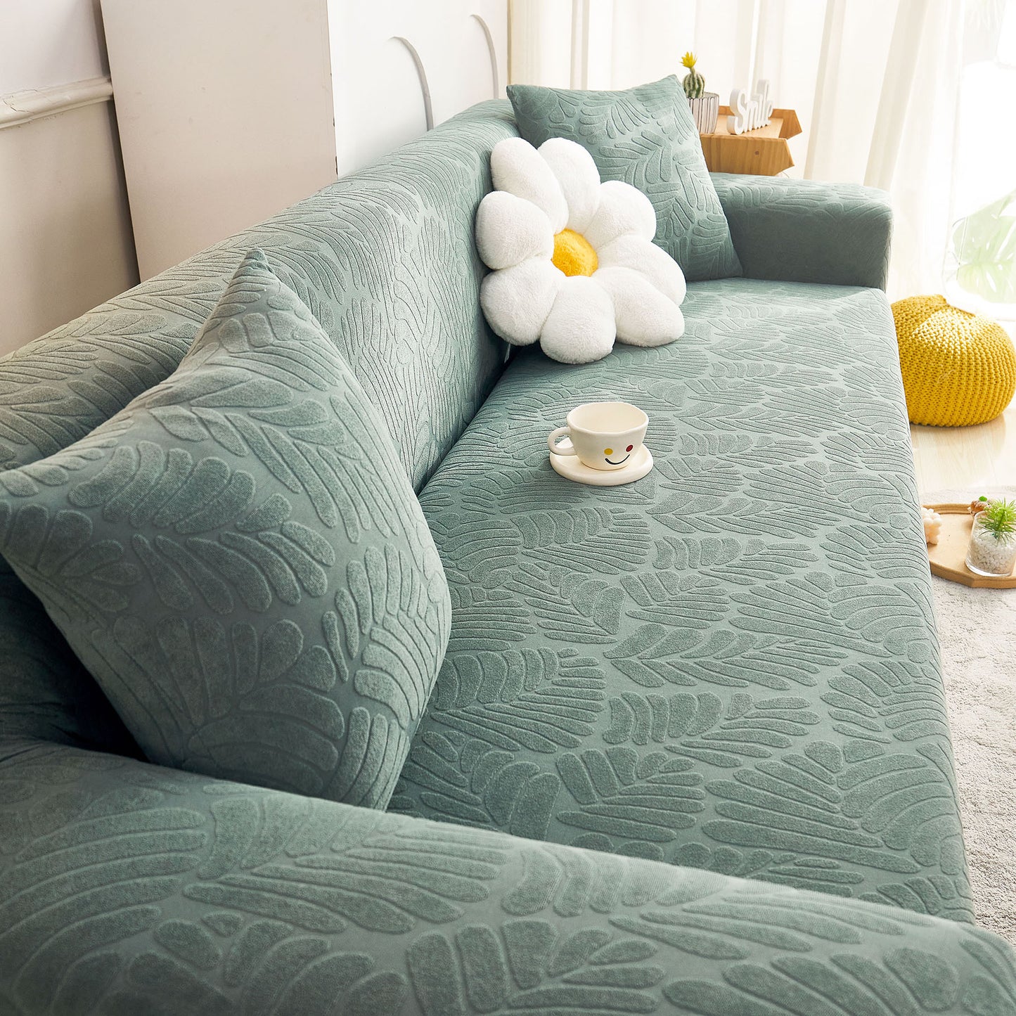 3D Leaf Jacquard Stretch Sofa Cover Non Slip Pet Friendly Slipcover 1-5 Seaters