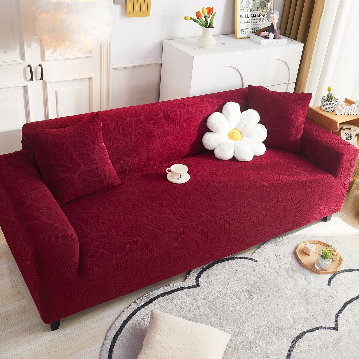 3D Leaf Jacquard Stretch Sofa Cover Non Slip Pet Friendly Slipcover 1-5 Seaters