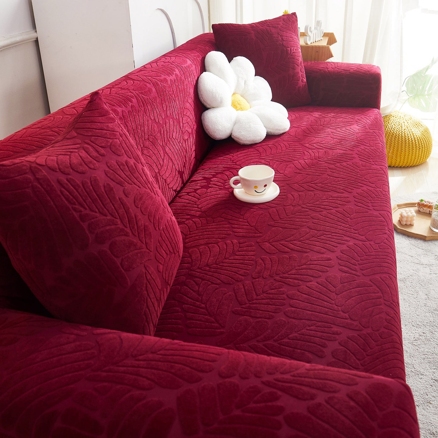 3D Leaf Jacquard Stretch Sofa Cover Non Slip Pet Friendly Slipcover 1-5 Seaters