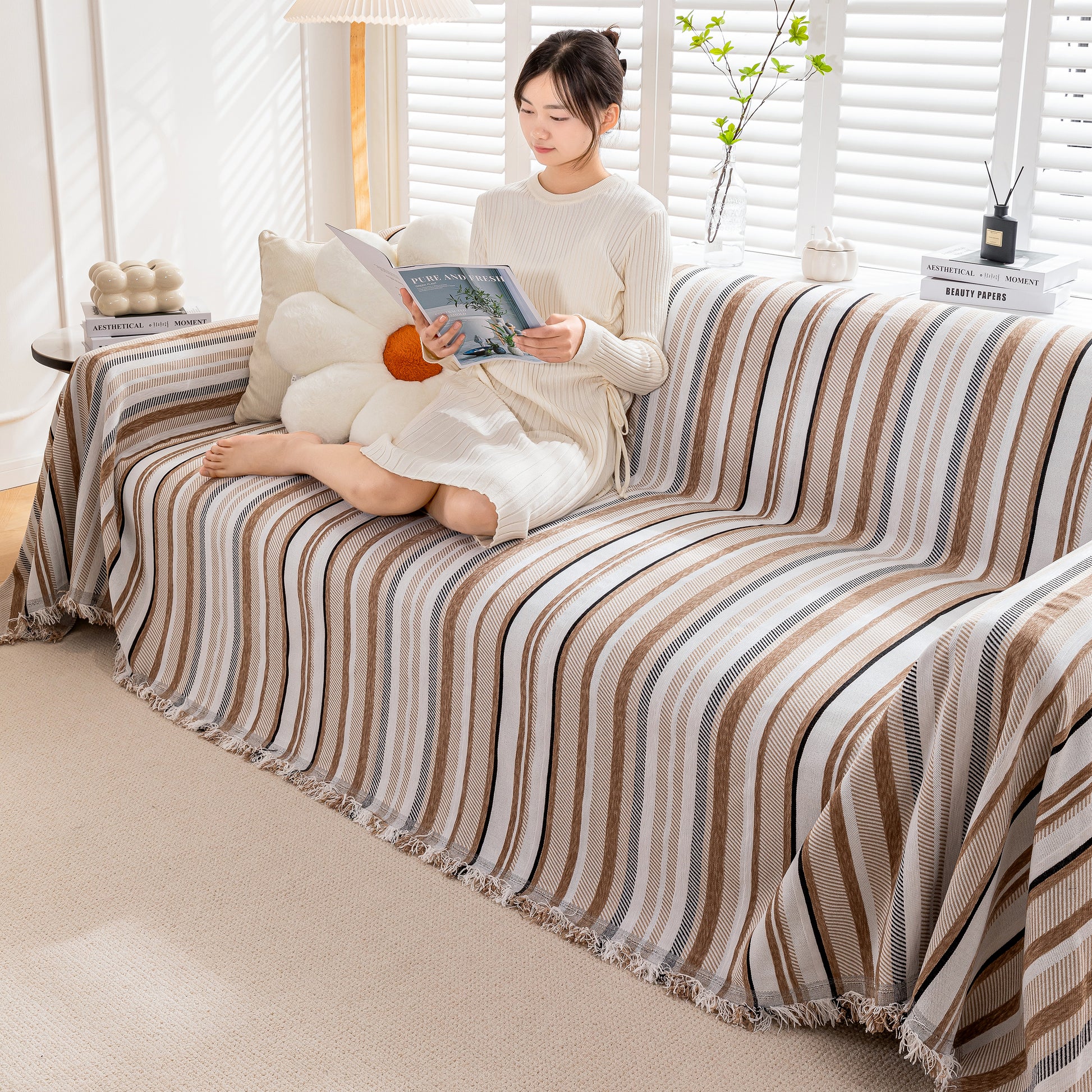 Modern Minimalist Sofa Throw Cover Cotton Knit Throws for Couch